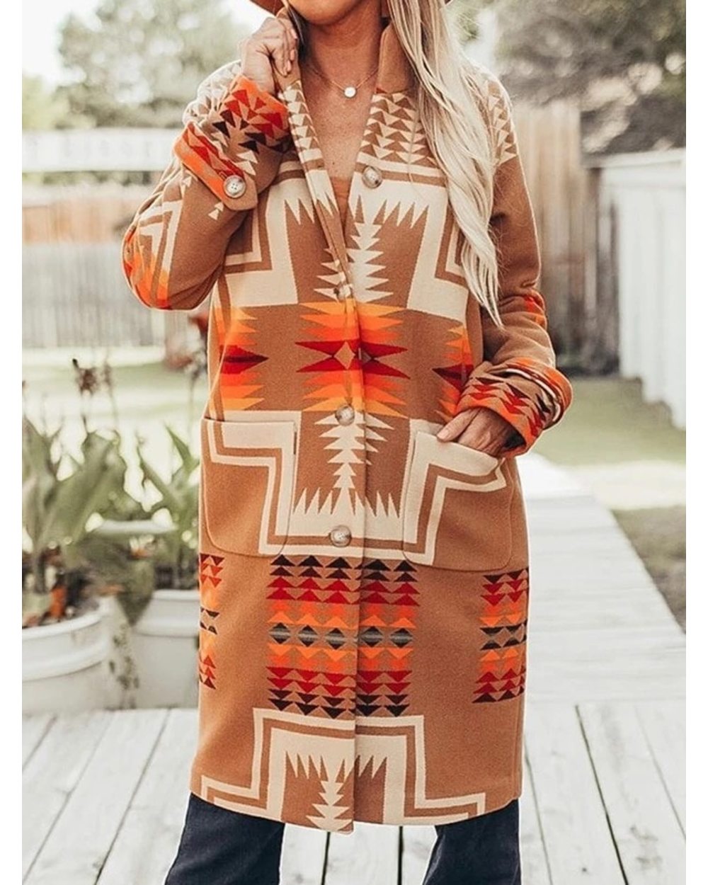 Long Sleeve Coats Women Boho Khaki Ethnic Print Jackets Autumn Winter Long Coat Warm Outerwear Female VG06 front-1