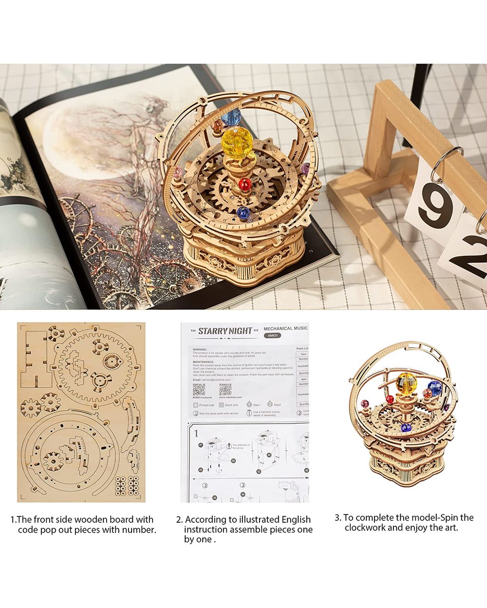 Robotime Rokr 84pcs Rotatable DIY 3D Starry Night Wooden Model Building Kit Music Box Toy Gift for Children Adult front-2