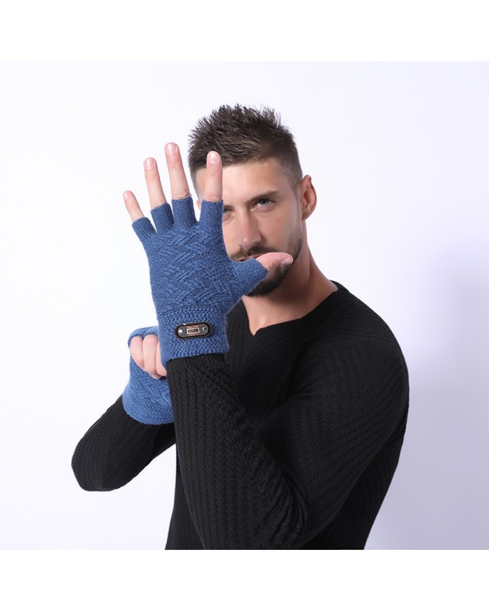 Fashion Winter Acrylic Wool Plus Plush Thick Jacquard Knit Warm Half Finger Mittens Men Full Finger Touch Screen Gloves front-3
