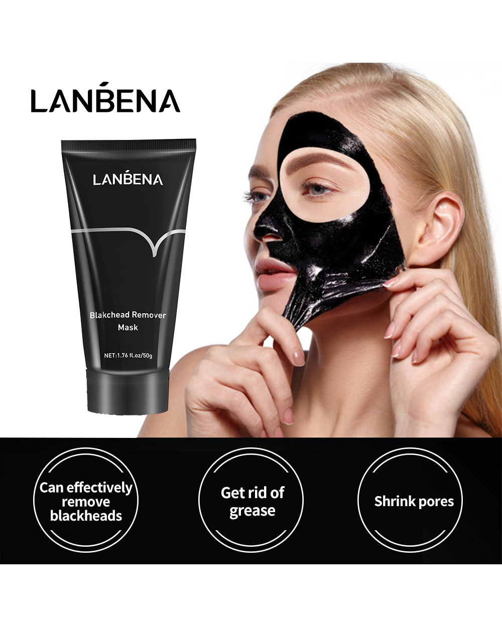 LANBENA Blackhead Remover Black Mask Face Acne Treatment Peeling Peel-Off Shrink Pores Bamboo Charcoal Cleaning Mask front-0