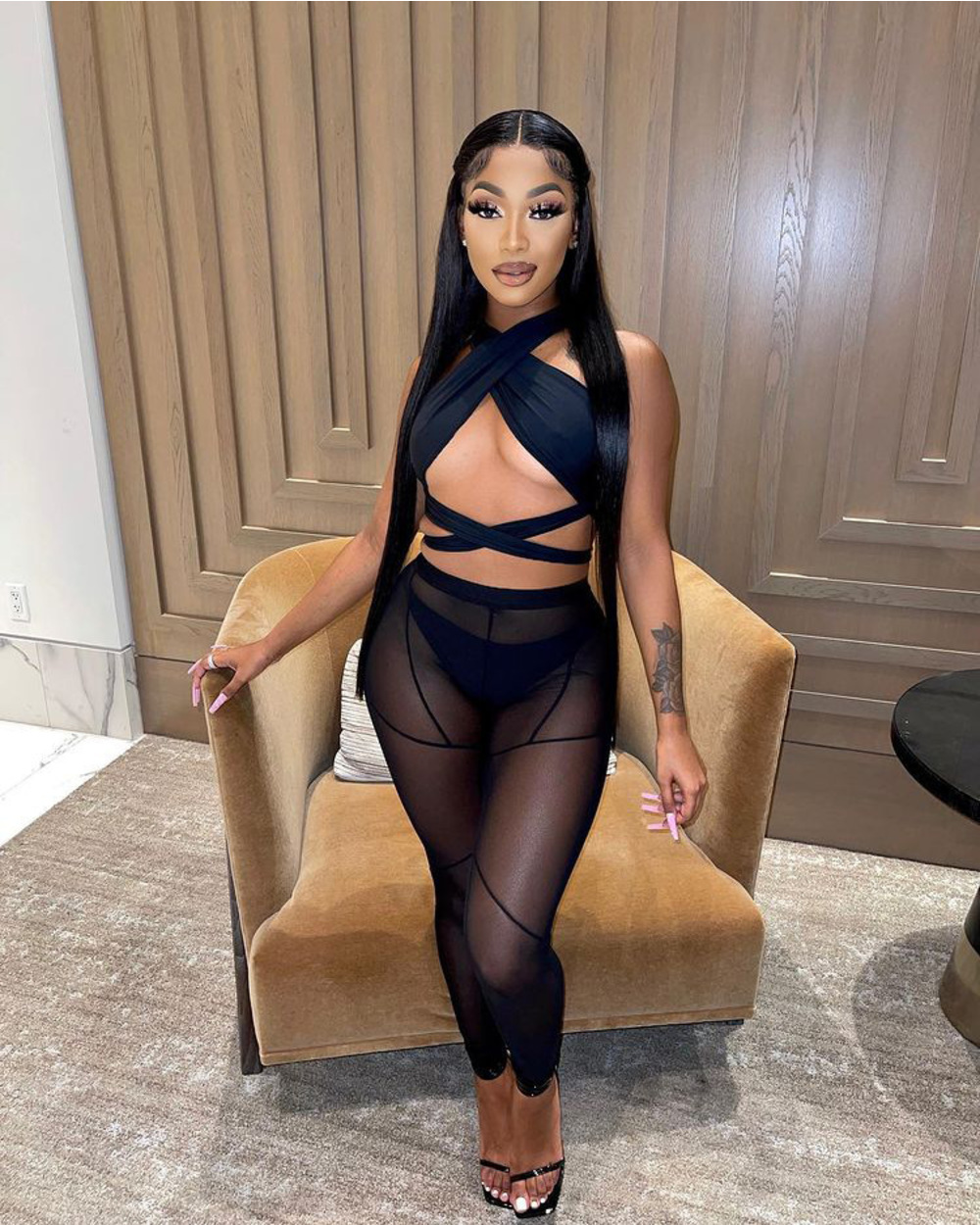 3 Pieces Set Bandage Lace Up Halter Crop Top Sheer Mesh Pants set front-1