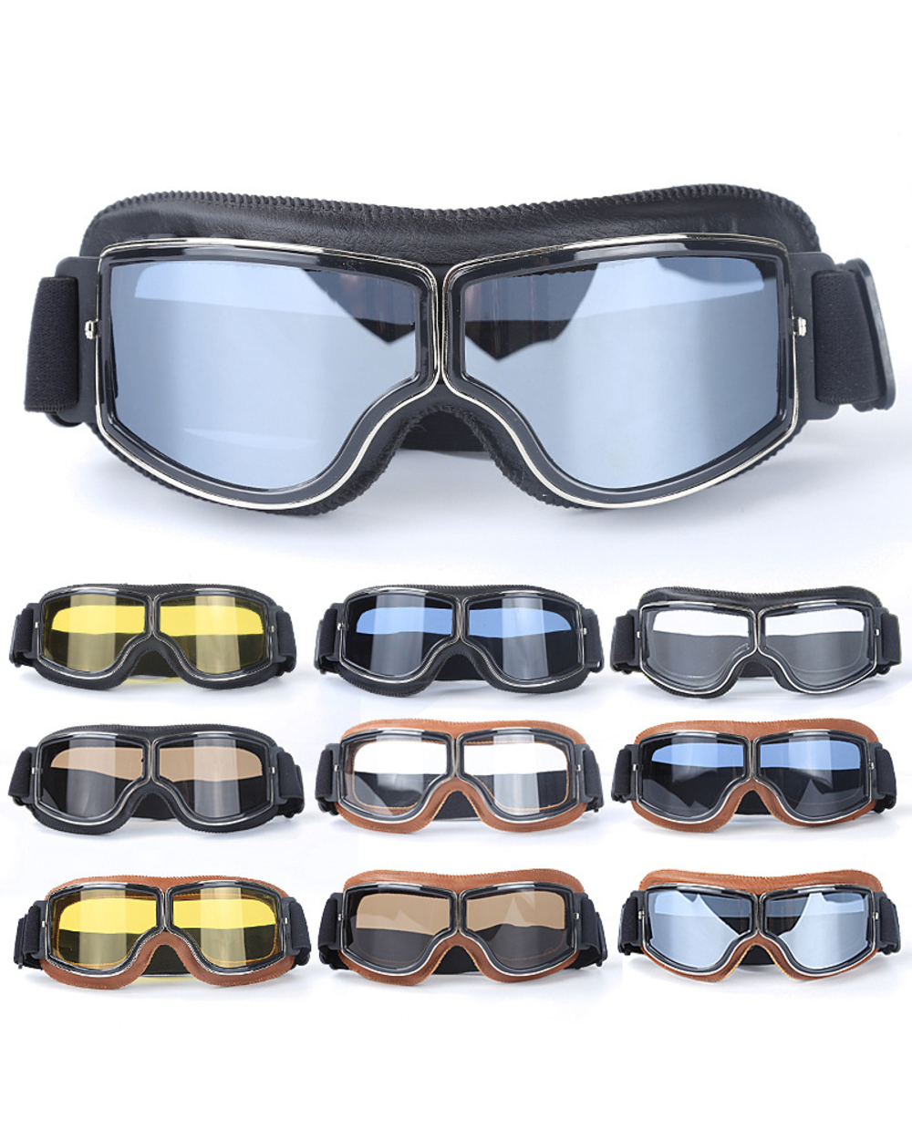 Motorcycle Vintage Retro Sunglasses Leather Goggles Glasses For Helmet With Face Shield Motocross Part Poc Motor Cycle front-1
