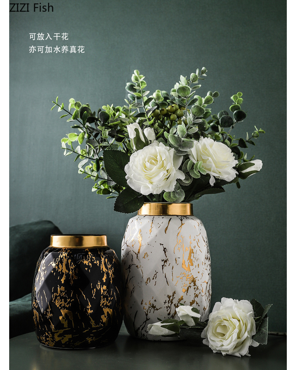 European Gilded Ceramic Vase Marble Pattern Countertop Living Room Furnishings Flower Arrangement Fresh Flowers Hydropo front-2