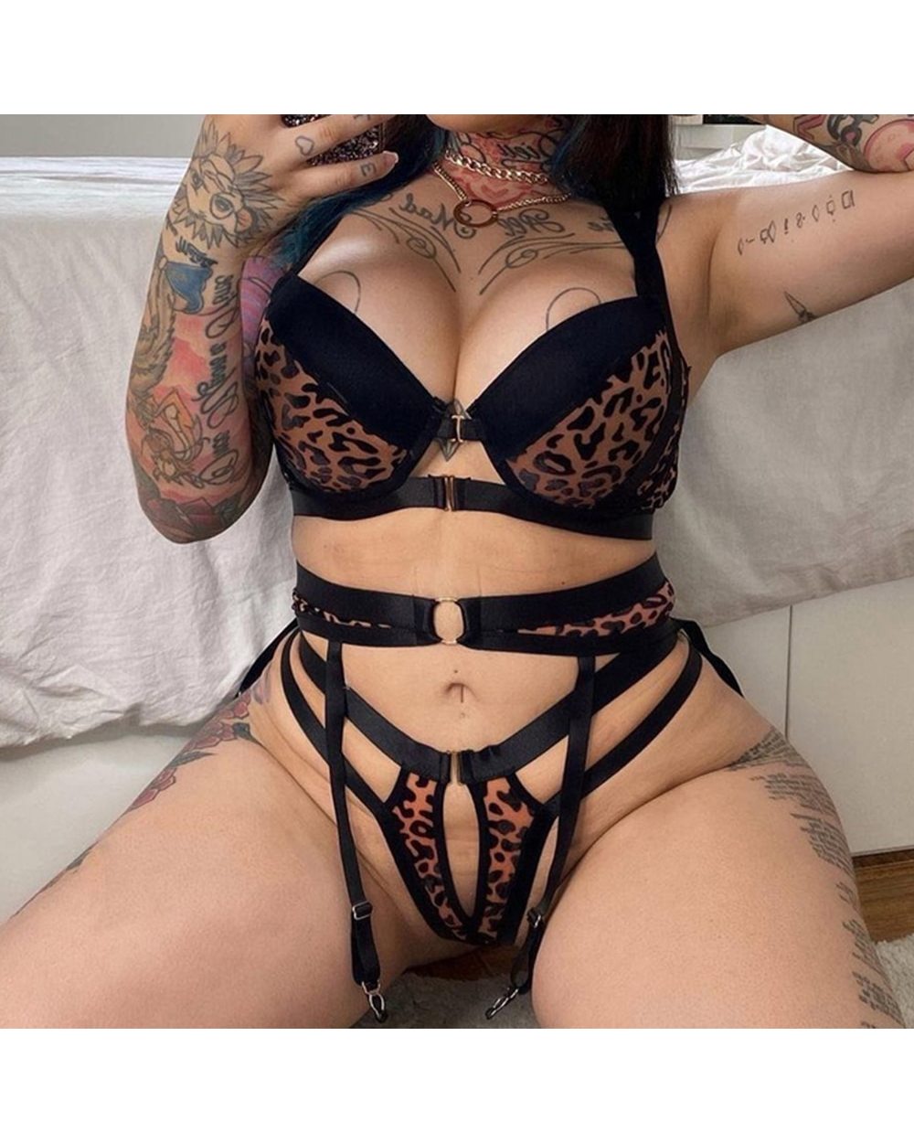 Leopard Lingerie Women Sexy Hollow-Out Underwear Sex Costumes Erotic Clothing Open Crotch Lingerie Bra Panty front-3