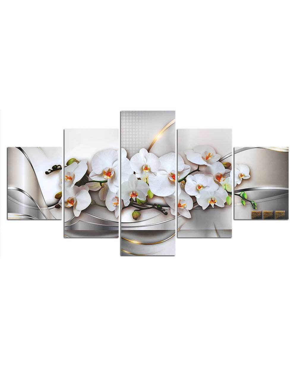 Abstract White Phalaenopsis Flowers Picture Print Nature 5 Panel Canvas Art Wall Decor front-1
