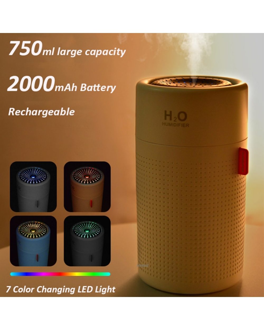 750Ml Large Capacity Air Humidifier 2000Mah Usb Rechargeable Wireless Ultrasonic Aroma Water Mist Diffuser Light Umidif front-2