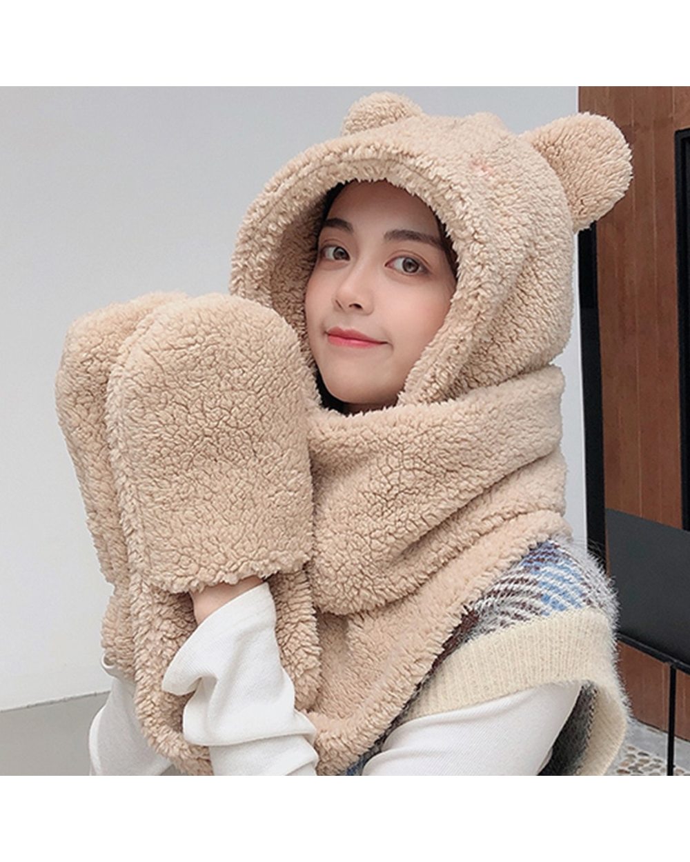 Lamb Velvet Hat Woman Winter Warm And Cold Hooded Scarf Gloves 3-In-1 Sets Female Cute Bear Ear Protection Cotton Cap front-1