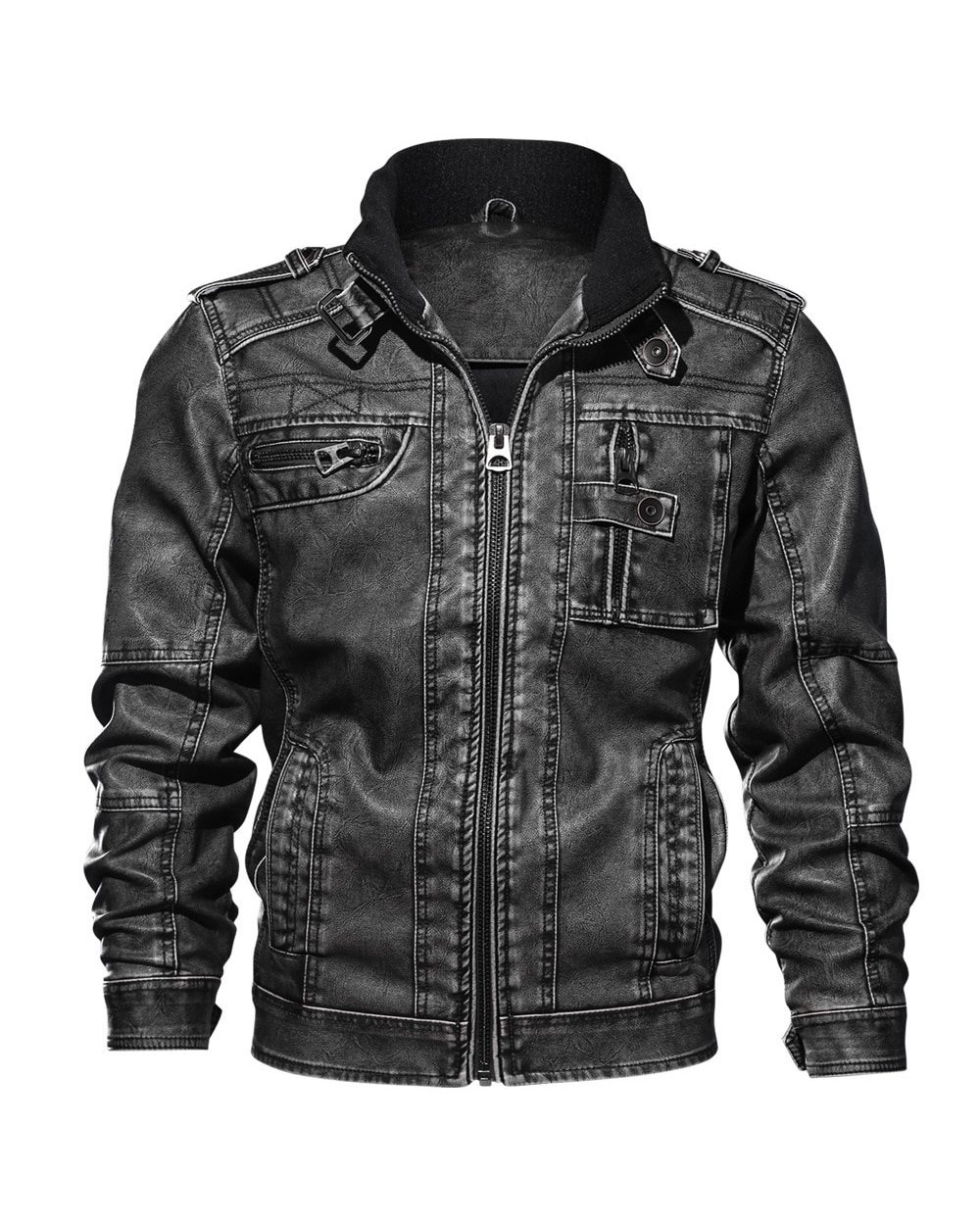 Mens Leather Jackets Motorcycle Stand Collar Zipper Pockets Male US Size PU Coats Biker front-3