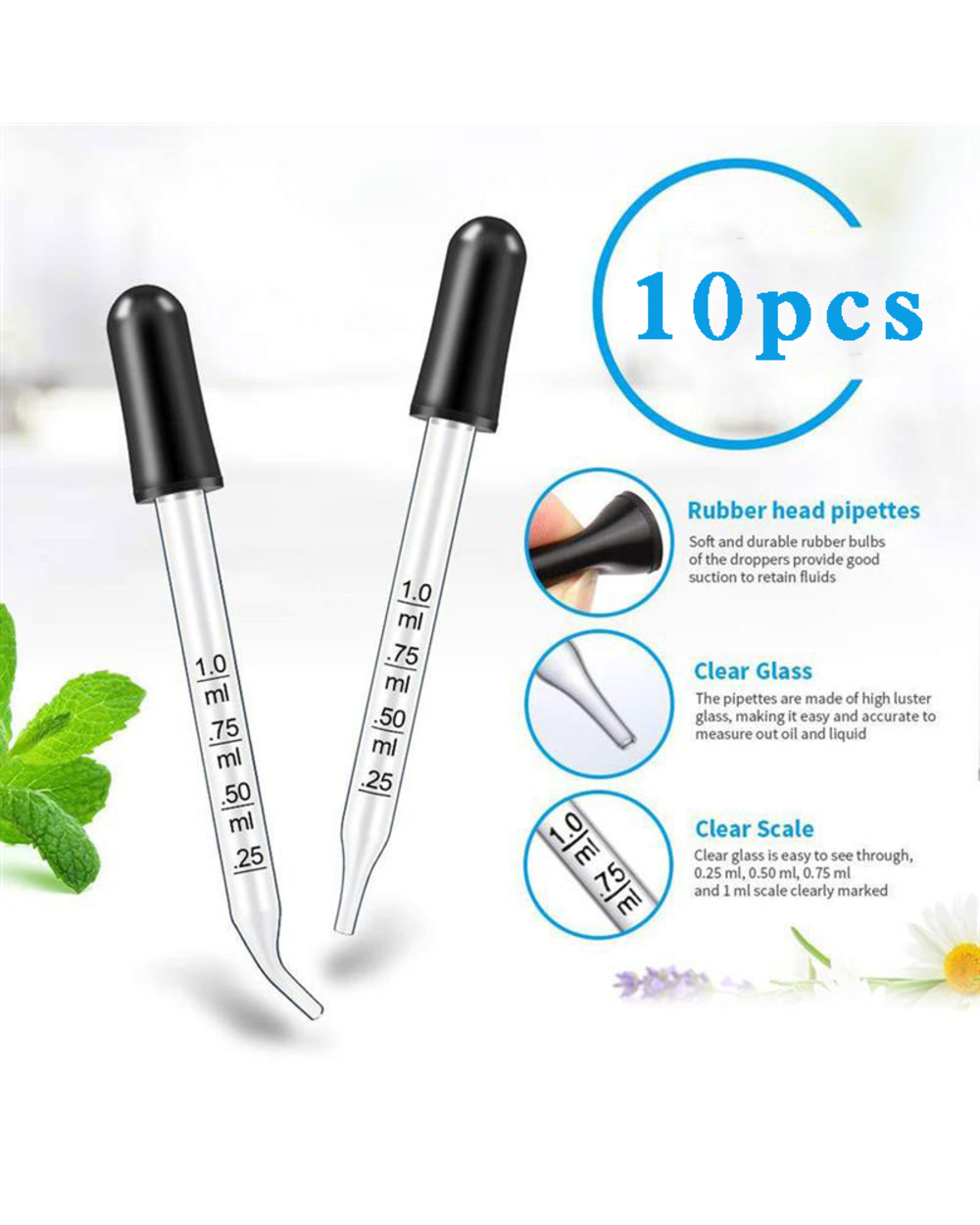10Pcs Glass Scale Dropper Rubber Head Scale Pipette Dropper Essential Oil Bottle Straw Multi-Purpose Droppers For Schoo front-0
