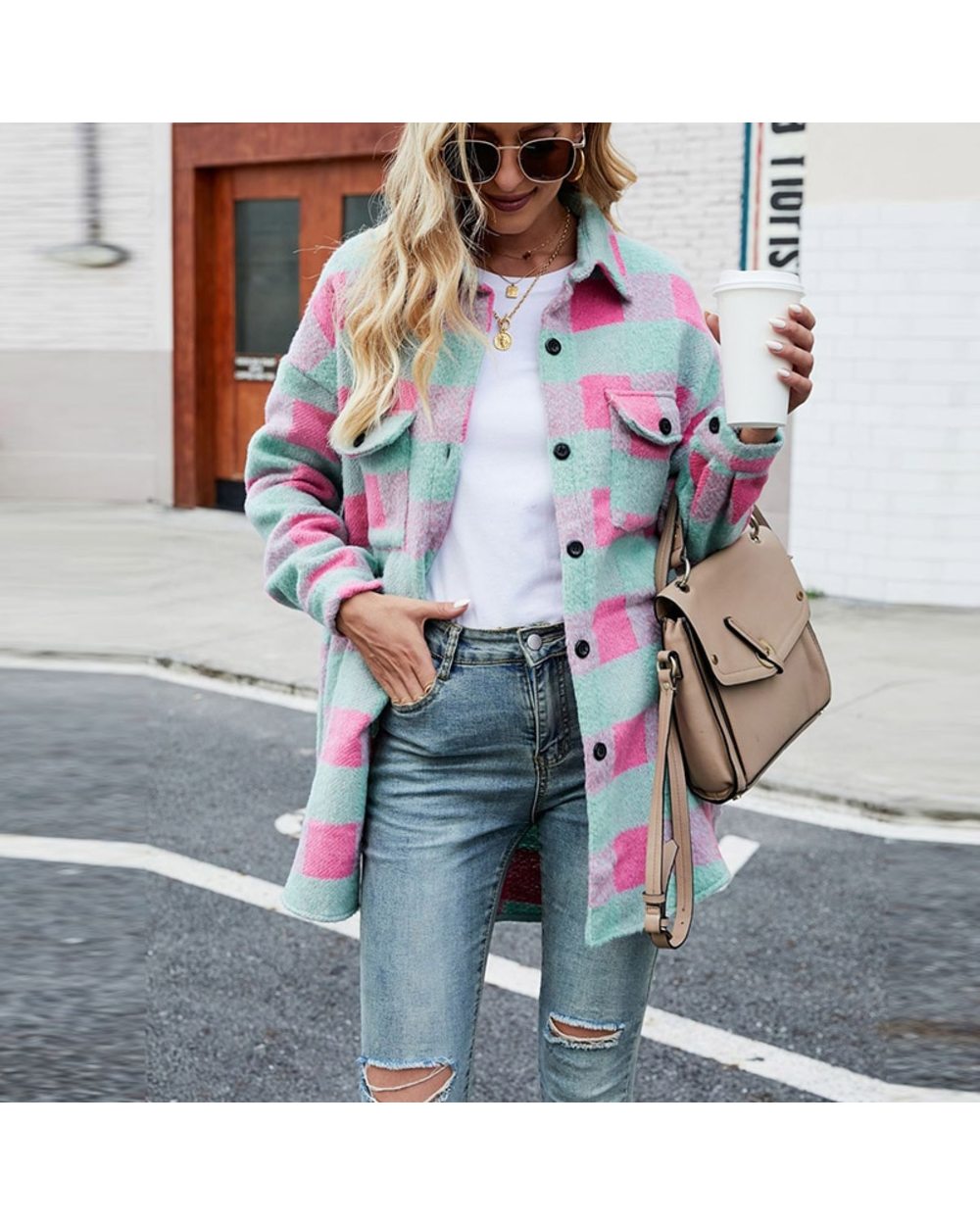 Single-Breasted Lapel Cardigan Jackets Women Elegant Plaid Warm Long Sleeve Casual Loose Outwear VG06 front-0