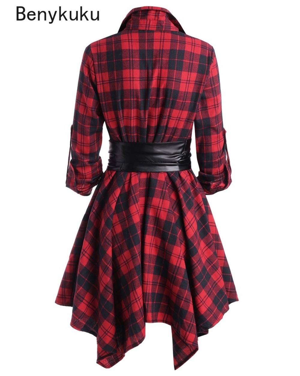 Casual Dress Red Plaid with Belt and Roll Tab Sleeve front-1