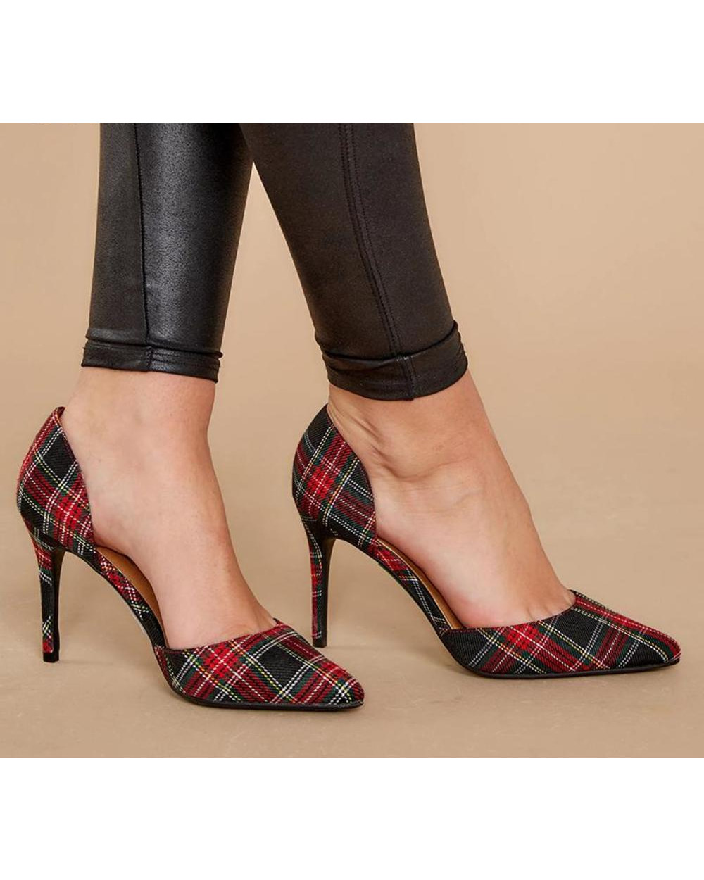 Elegant Scottish Pattern High Heels Thin Heels Shallow Pointed Toes front-0