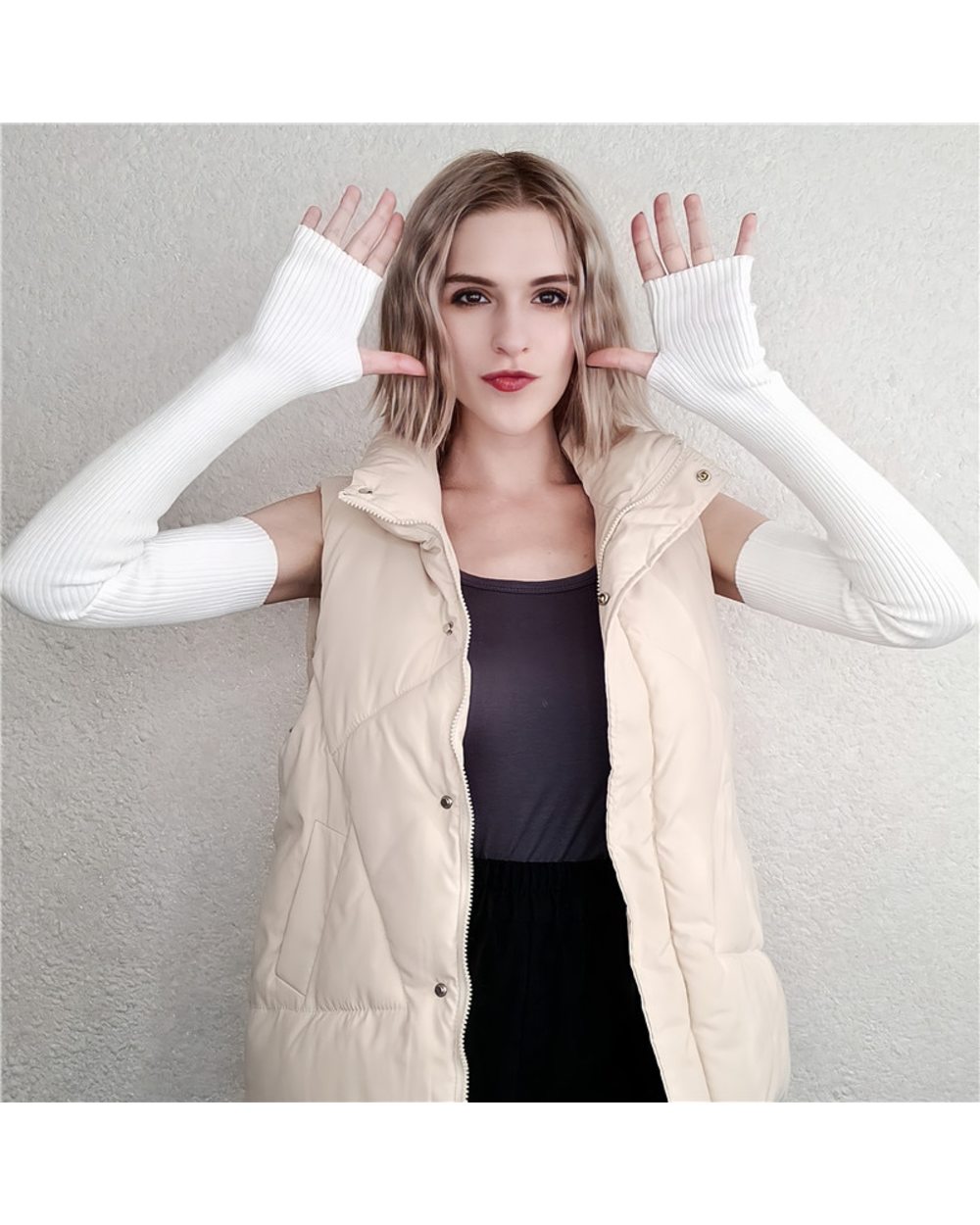 Sparsil Mittens Women Winter Cashmere Blend Knitted Fingerless Punk Long Gloves Y2k Gothic Wool Glove Arm Warmer Withou front-2