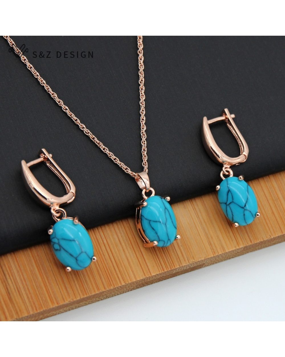 Fine Turquoise Oval Egg Shape Rose Gold Earrings Jewelry Set For Women Temperament Wedding Fashion Jewelry front-0