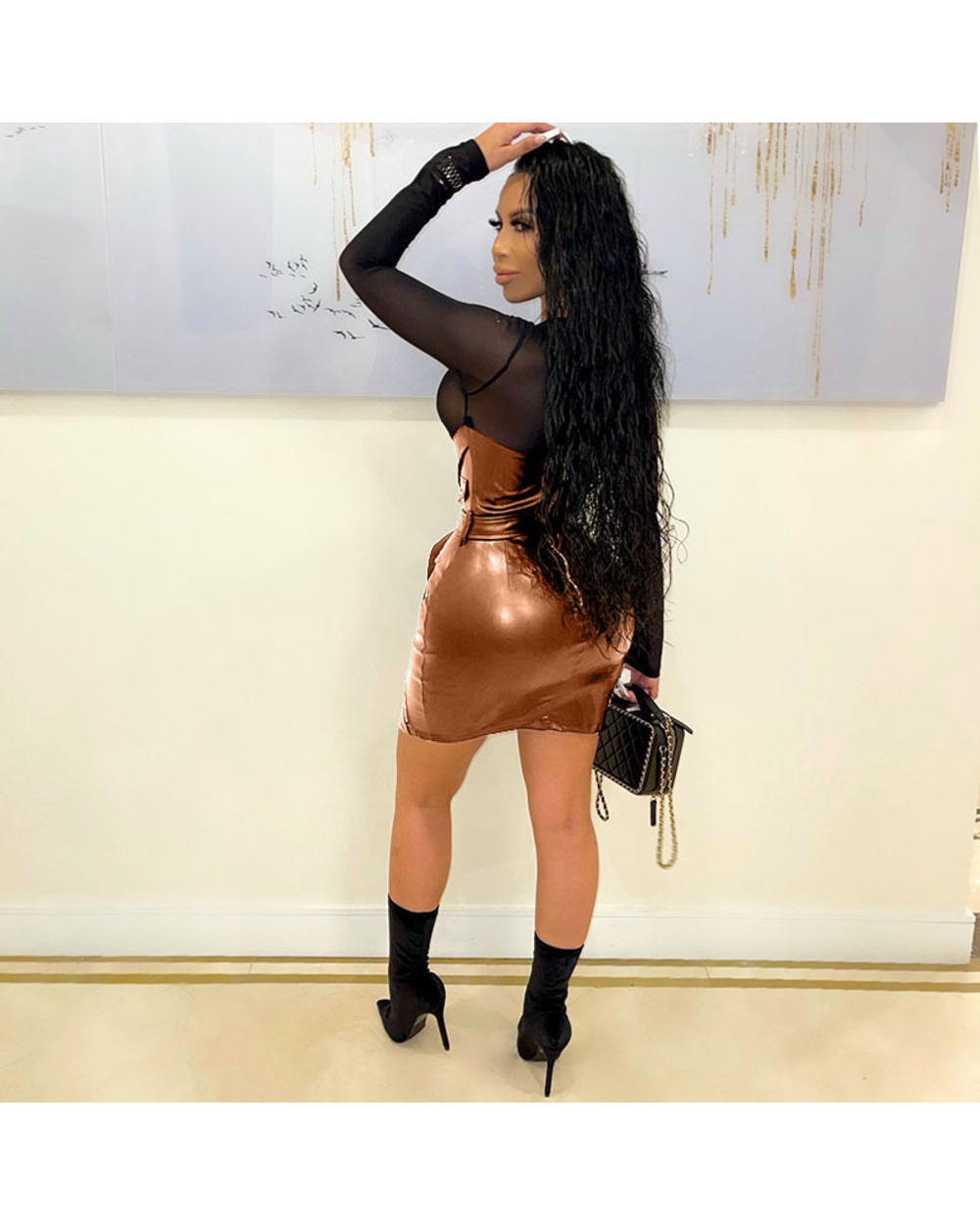 2022 Sexy PU Faux Leather Dress with Belt Women Elegant Long Flare Sleeve Bodycon Night Short Party Mini Club Dresses front-3