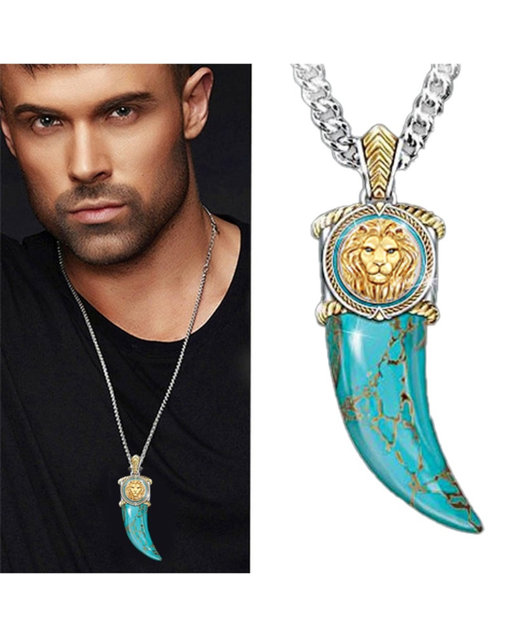 Turquoise Heart Lion Necklace Buffalo Horn Celtic front-1
