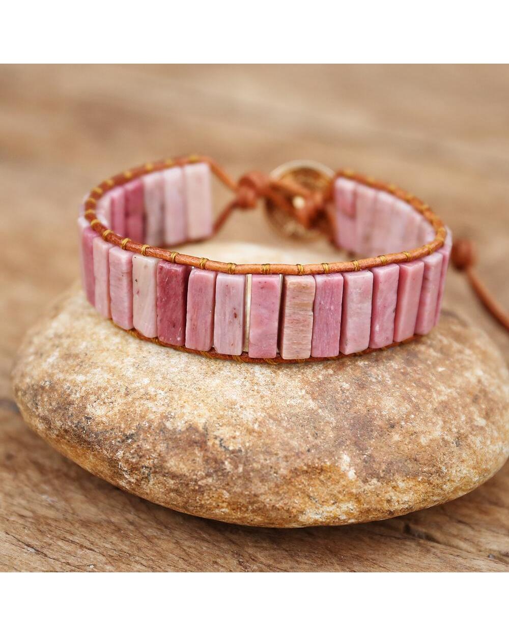 Natural Rhodonite Stone Tube Beads Chakra Braided Leather Wrap Bracelet Women Handmade Bracelet Jewelry Gifts front-3