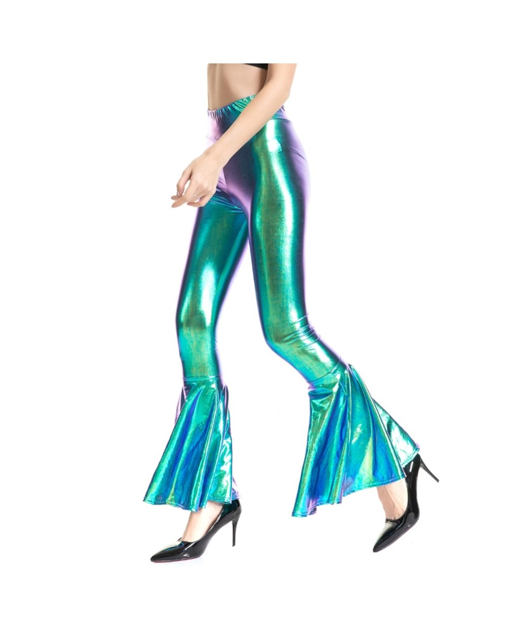 Women Flare Shiny Trousers Laser Metallic Wet look Ruffle Wide Leg Pants Retro Disco Hippie Club Trousers Bell Bottoms front-1