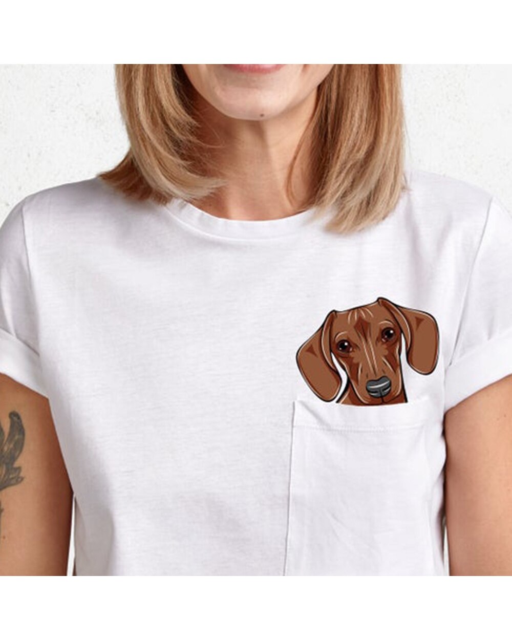 Dachshund Dog with Middle Finger In The Pocket Funny Printed T-shirt Cotton Tees front-1