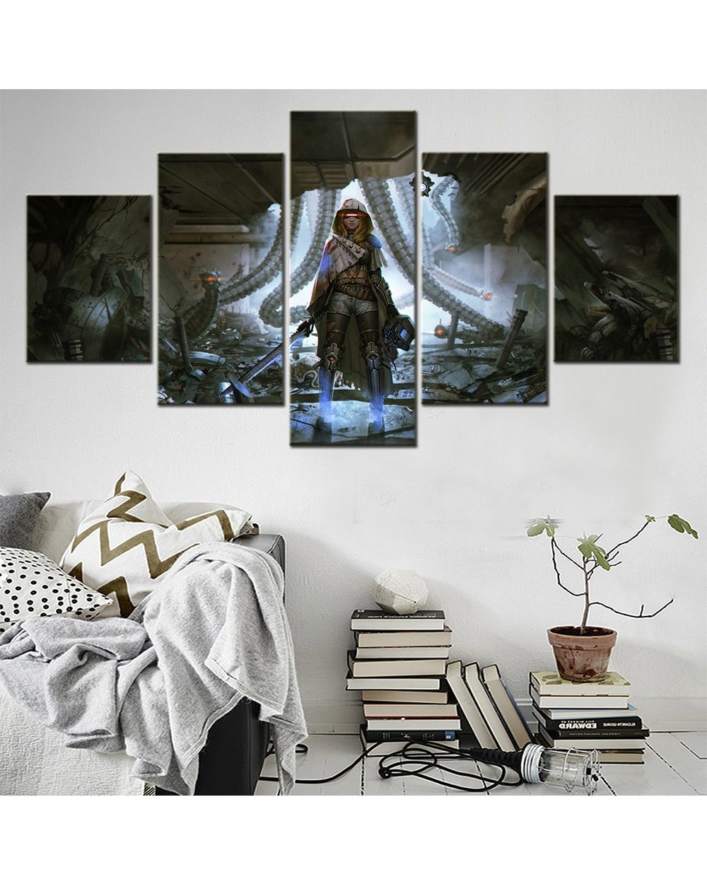Anime Girl Warrior Weapon Picture Print Cartoon 5 Panel Canvas Art Wall Decor front-1