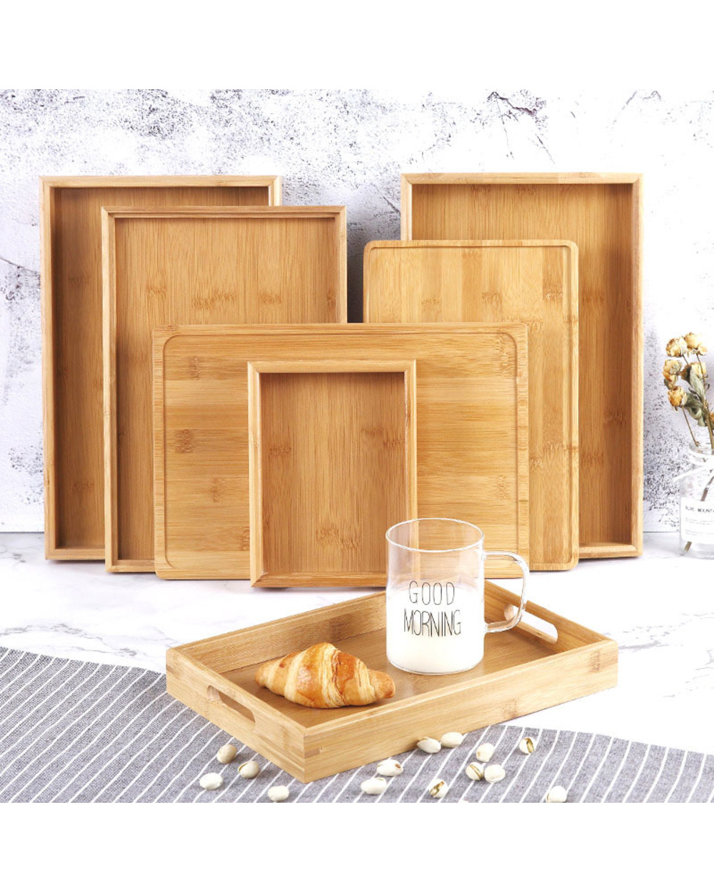 Bamboo Tray Rectangular Tea Plate Solid Wood Household Kung Fu Tea Set Water Cup Tray Bread Wooden Plate Serving Tray D front-2