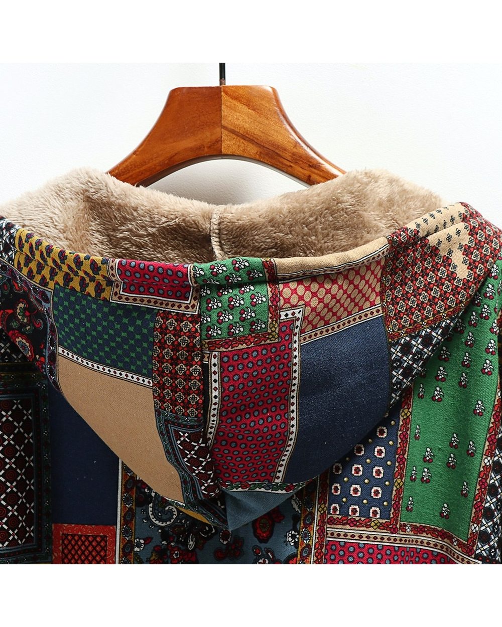Winter Vintage Women Coat Warm Printing Thick Fleece Hooded Long Jacket with Pocket Ladies Outwear Loose Coat front-4