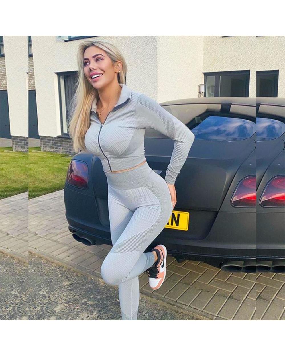Long Sleeve Yoga Pant Set Seamless Women Zipper Long Sleeve Shirt High Wait Leggings Sport Clothes front-1