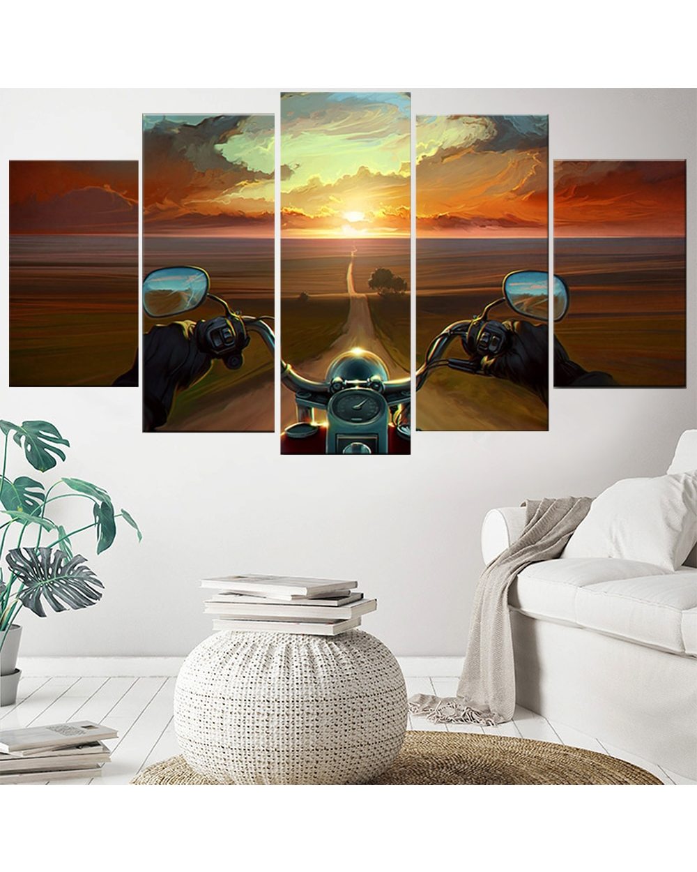 Motorcycle Poster Country Road Picture Print Motorcycle 5 Panel Canvas Art Wall Decor front-2