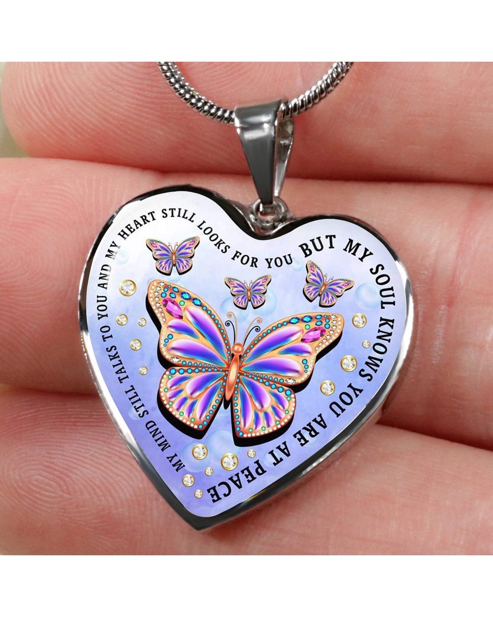 Exquisite Colorful Butterfly Heart Shape Pendant Necklace Remembrance Necklace Memorial Necklace front-0