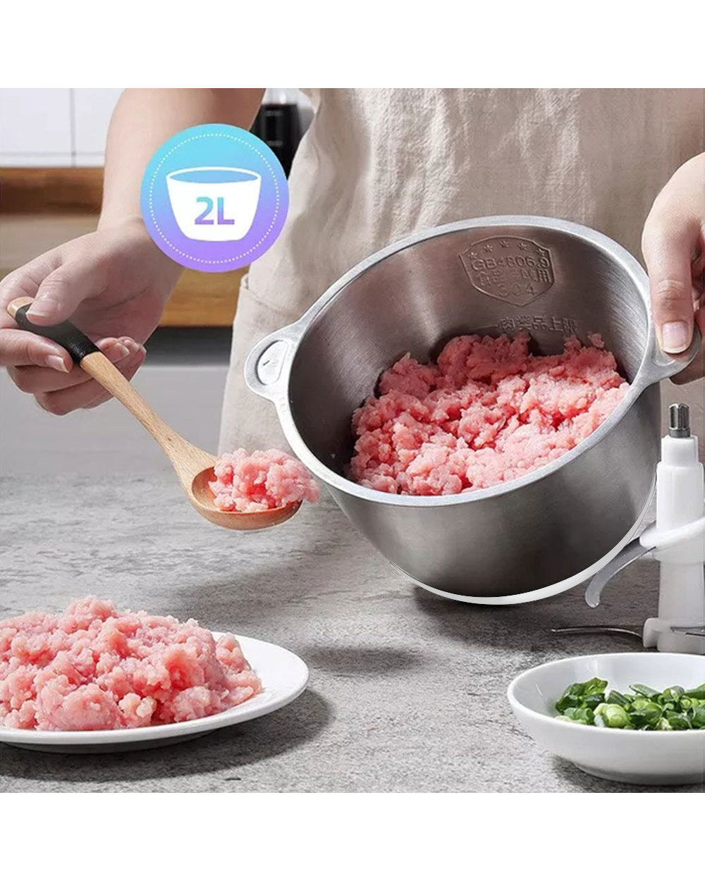 BioloMix 2 Speeds 500W Stainless steel 2L Capacity Electric Chopper Meat Grinder Mincer Food Processor Slicer front-3