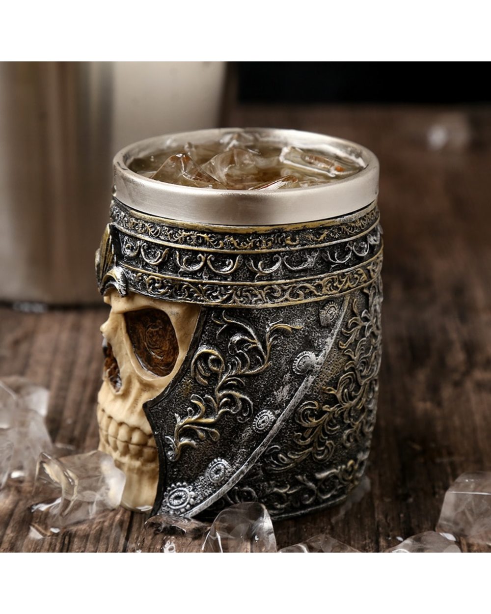 Retro Horn Skull Resin Beer Mug Stainless Steel Skull Knight Tankard Halloween Coffee Cup Viking Tea Mug front-3