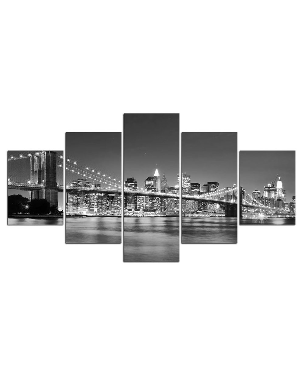 Black and White New york City Brooklyn Bridge Picture Scenery 5 Panel Canvas Art Wall Decor front-2