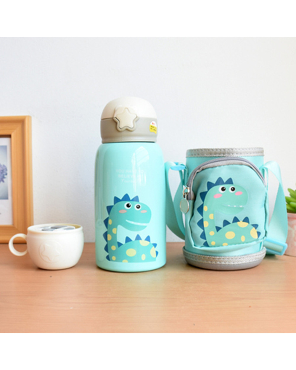 600ml Stainless Steel Kids Thermos Mug With Straw Dinosaur Vacuum Flasks Children Cute Thermal Water Bottle Tumbler front-0