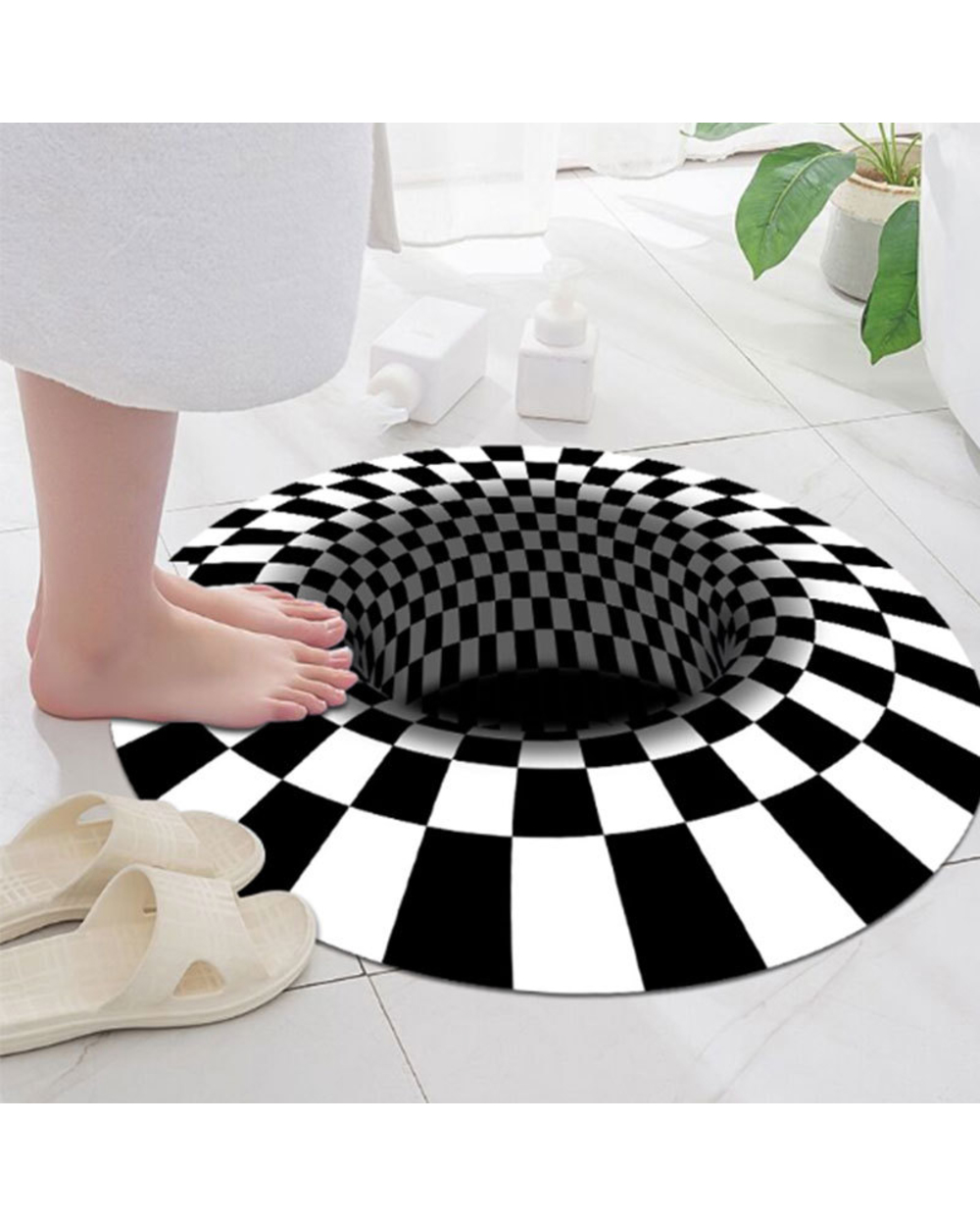 Vortex Illusion Rug 3D Trap Effect Bottomless Hole Carpet Round Black White Grid Room Bedroom Anti-Slip Floor Mats Fash front-0