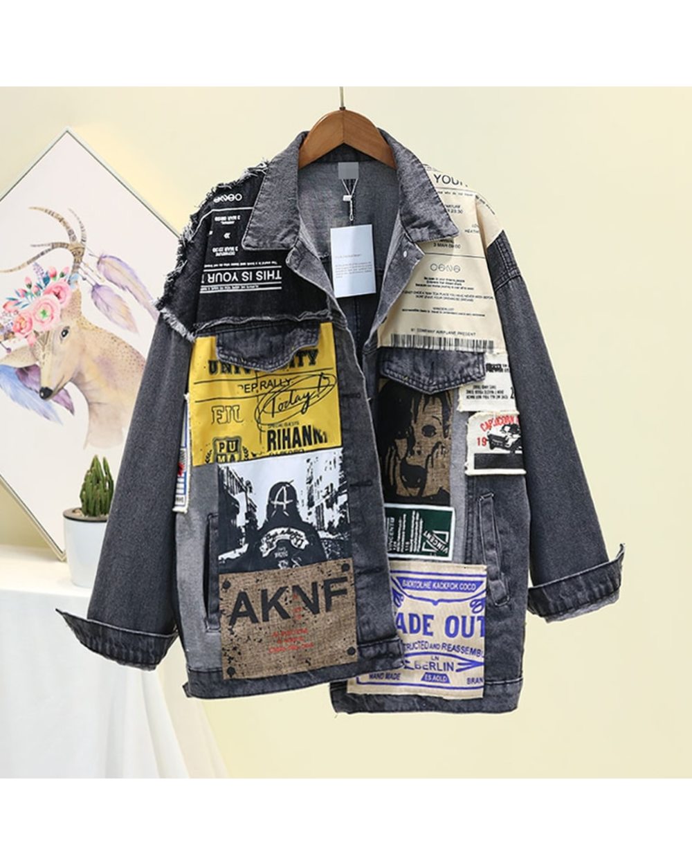 Vintage Black Denim Jacket Appliques Newspaper Pattern Large Size Leisure Trend Coat 2022 Autumn front-0