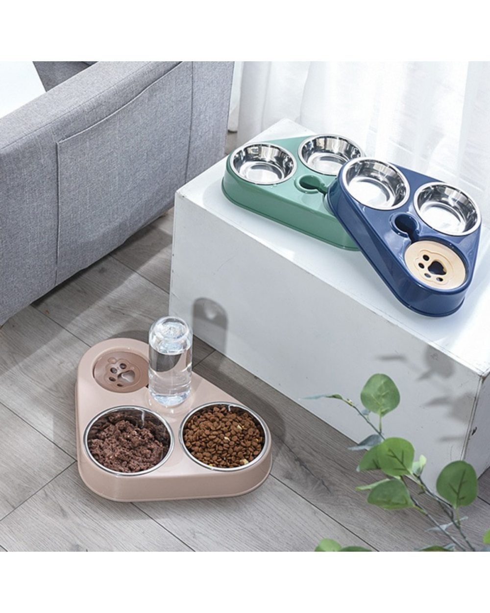 500ML Dog Bowl Cat Feeder Bowl With Dog Water Bottle Automatic Drinking Pet Bowl Cat Food Bowl Pet Steel Double 3 Bowl front-4