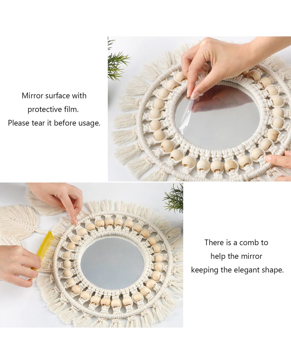 Mirror with light Wall stickers Macrame Mirror Round Boho Decorative Decor for Apartment Bedroom Baby Nursery Dorm VG06 front-5