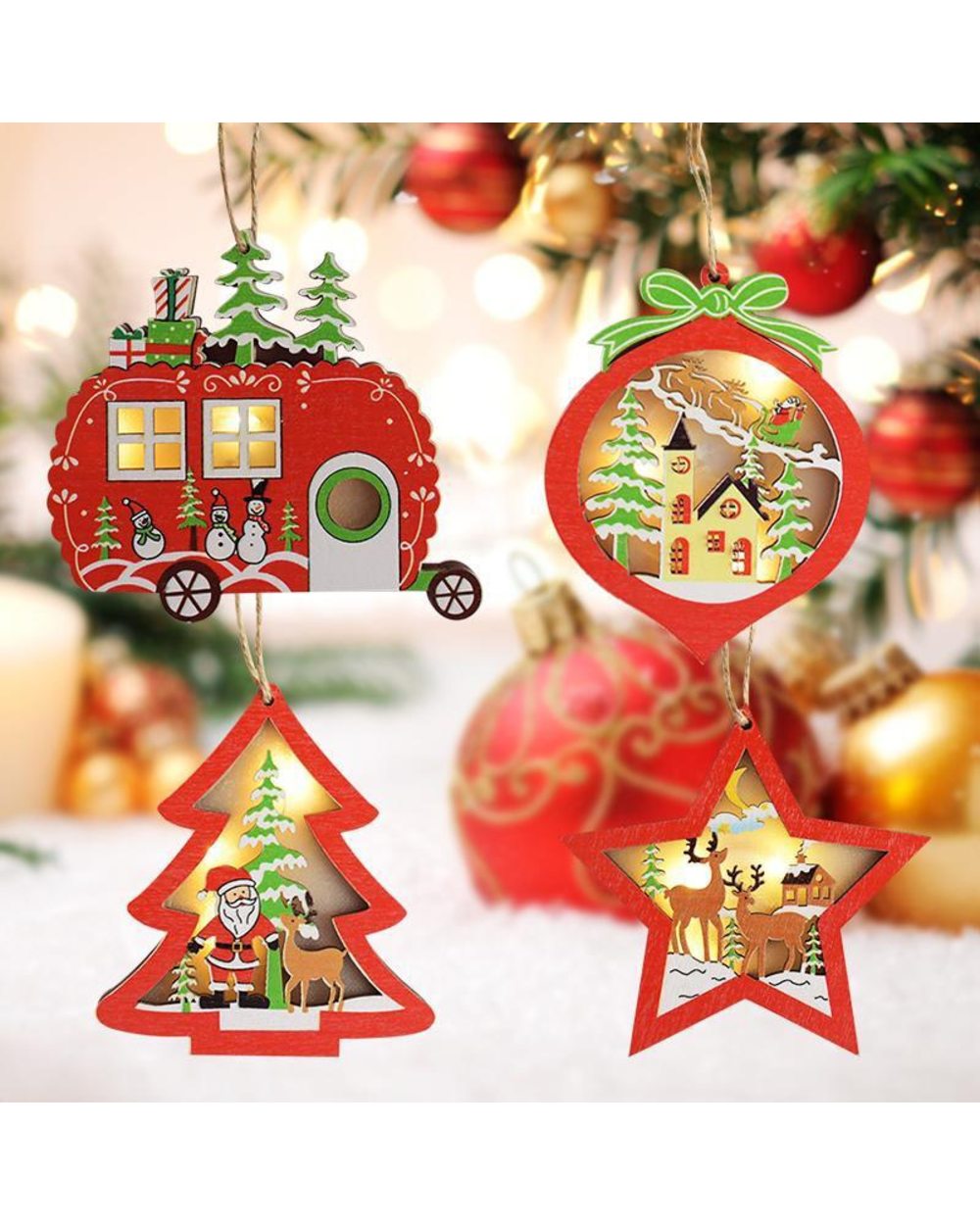 1pc Christmas LED Decoration Glow Christmas Tree Wooden Pendant Star Santa Claus DIY Wooden Craft New Year 2022 Decor front-0
