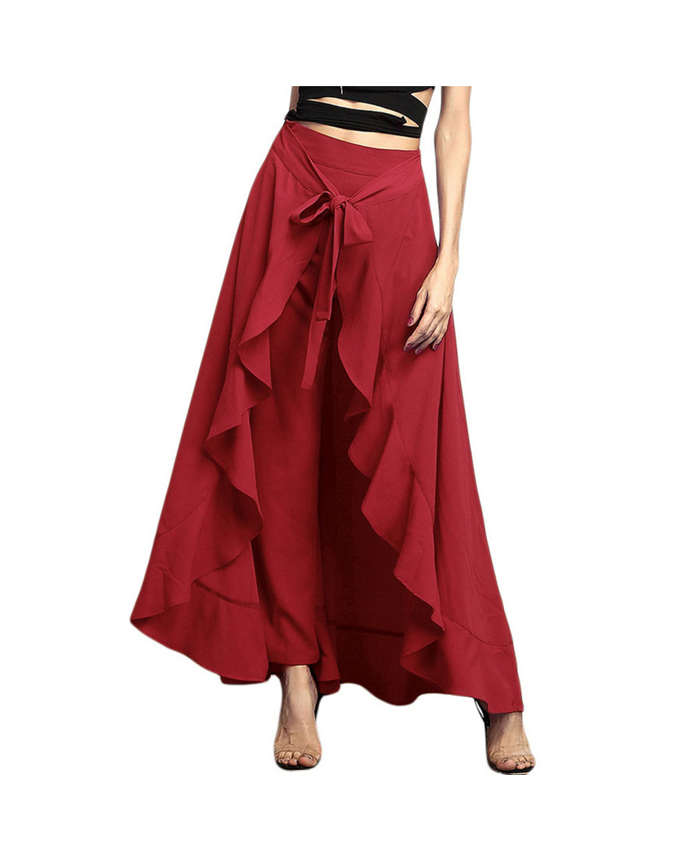 Women Palazzo Pants Causal Trouser Elegant High Waist Irregular Loose Pure Color Autumn Female Pant Skirt front-2
