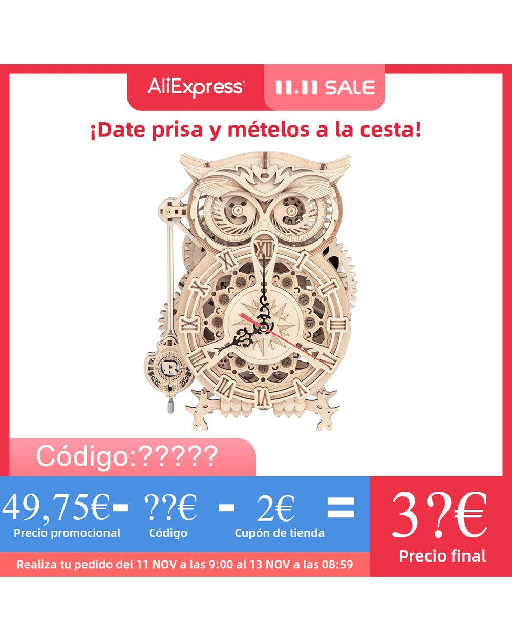 Rokr 161pcs Creative DIY 3D Owl Clock Wooden Model Building Block Kits Assembly Toy Gift for Children Adult LK503 front-0
