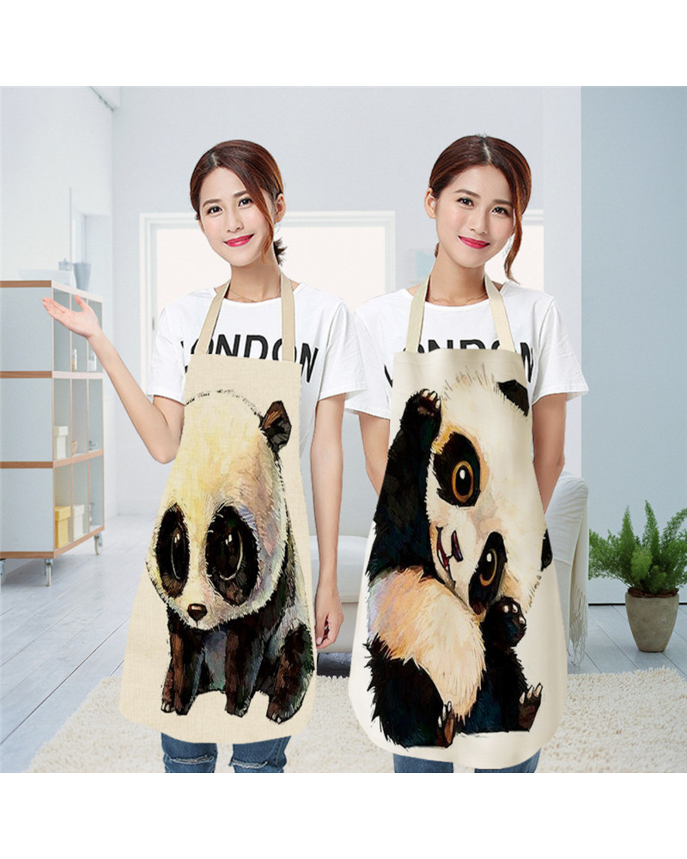 Panda Pattern Kitchen Apron For Woman Sleeveless Cotton Linen Aprons Home Cooking Baking Bibs Cleaning Tools front-4