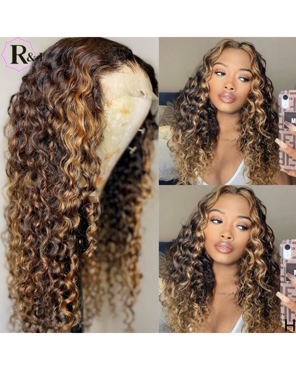 Lace Front Human Hair Wigs Highlight Ombre Curly Brazilian Non-Remy Hair Lace Wigs 180 Density front-0