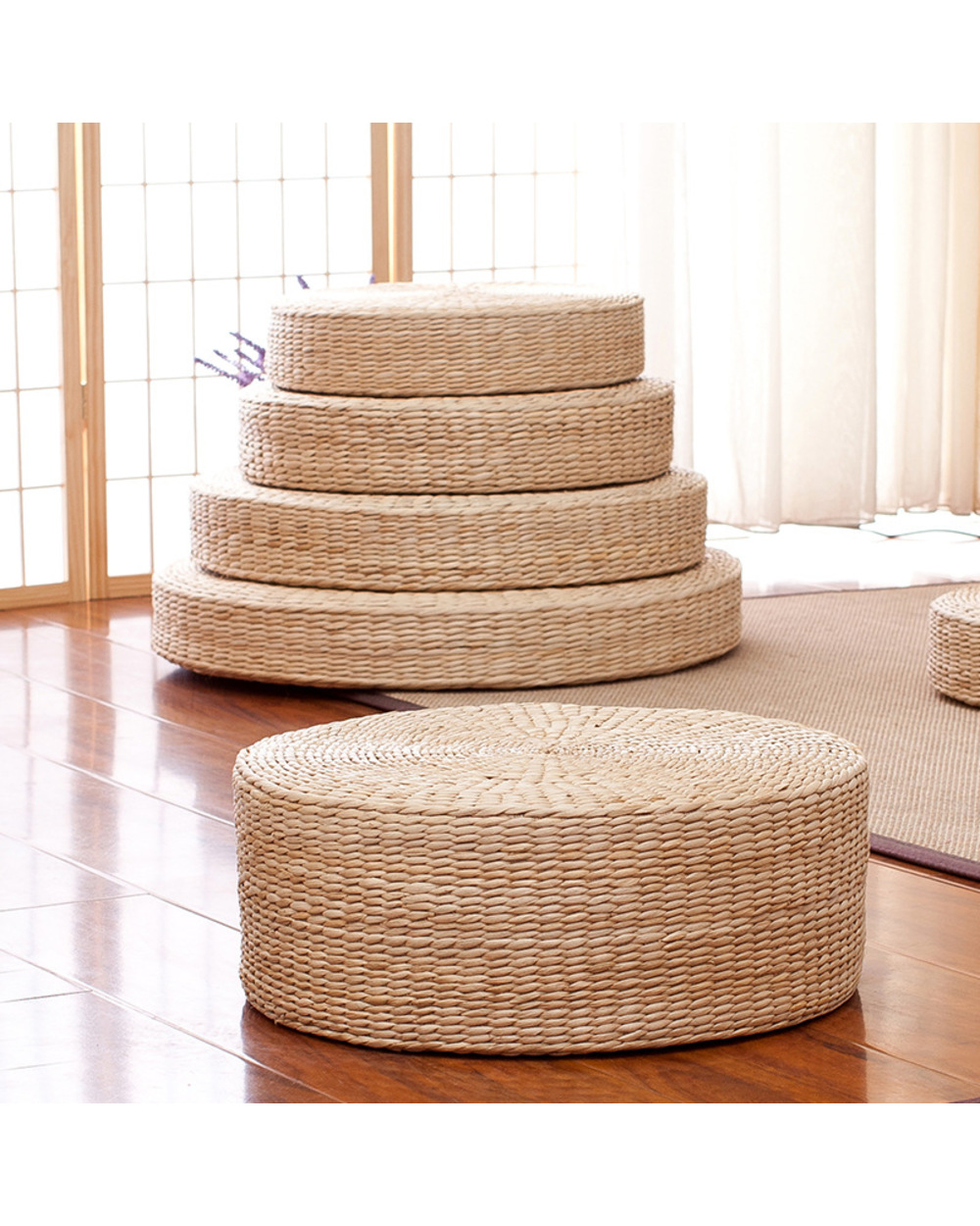 Cushion Natural Straw Round Pouf Tatami Cushion Weave Pillow Floor Japanese Style Cushion With Silk Home Textile front-3