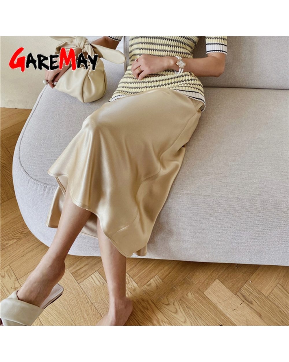 Women's Long Satin Skirt Midi Elegant High Waist Office A-line Solid Vintage Silk Skirt for Women front-1
