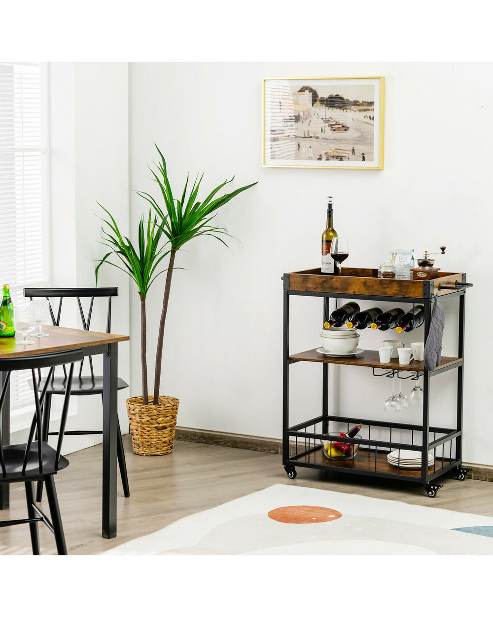 3-Tier Rolling Kitchen Bar Cart Serving Trolley Wine Rack Removable Tray front-2