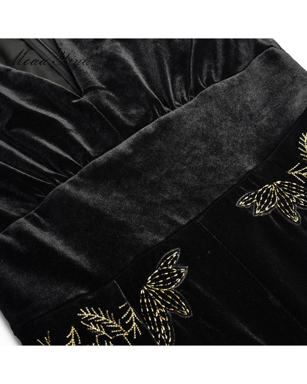 MoaaYina Spring Summer Designer Jumpsuits Women's V-neck Long sleeve Gold Line Embroidery Velvet Jumpsuits front-4