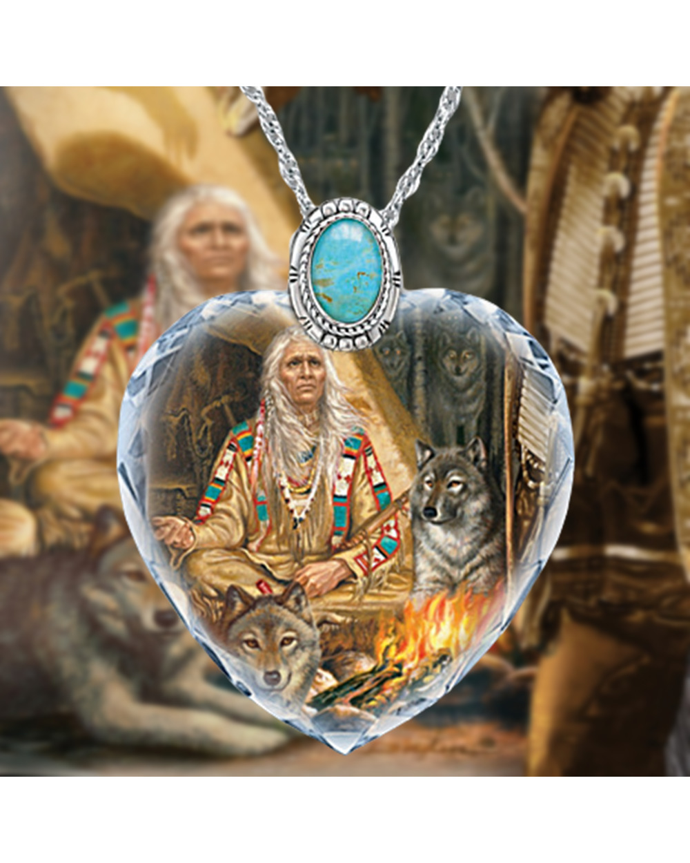 Exquisite Ethnic Style Chief and Wolf Heart Shape Crystal Turquoise Pendant Necklace Fashion front-0