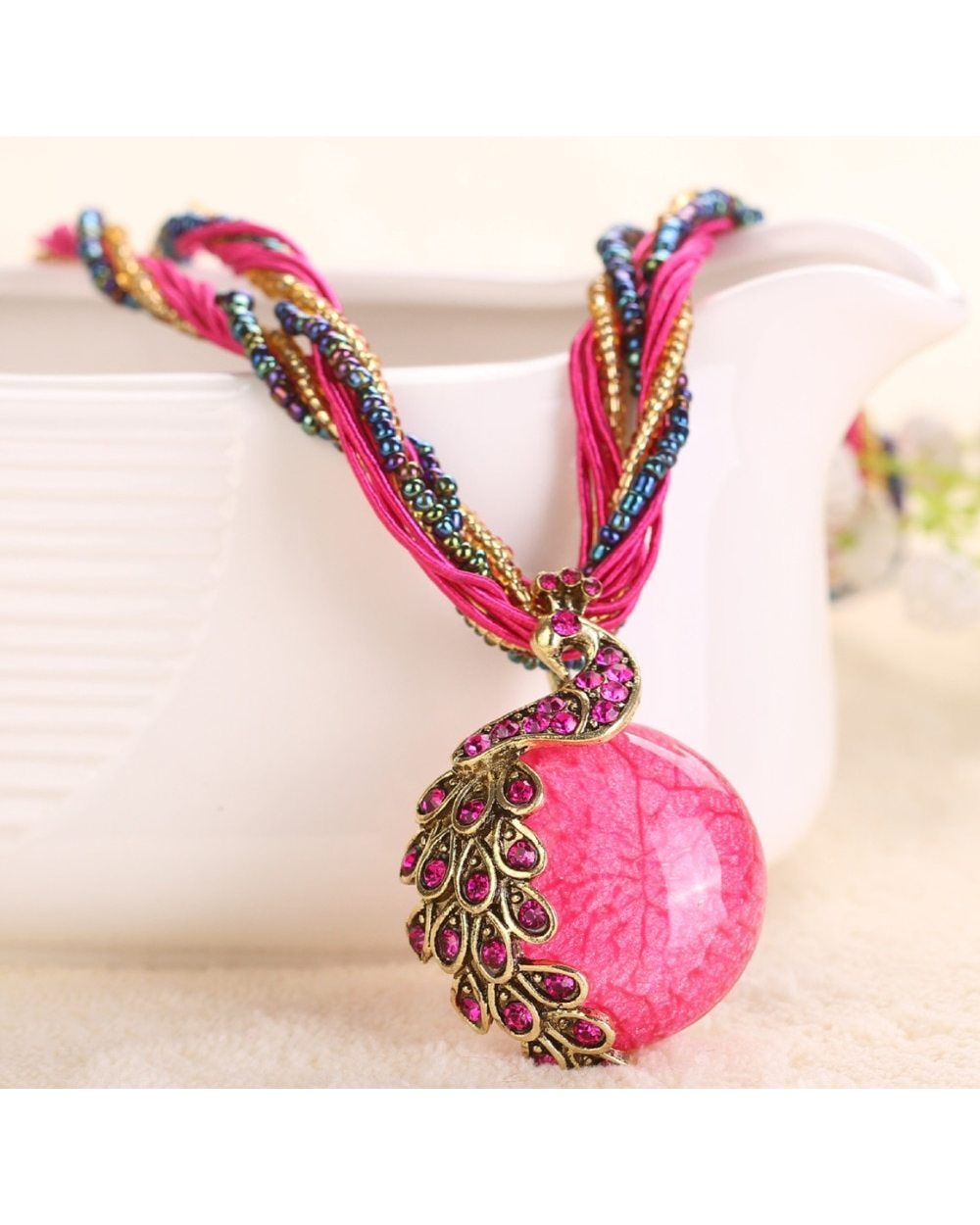 Boho Ethnic Jewelry choker Handmade Pendant Necklace Natural Stone Bead Peacock statement Maxi Necklace front-1