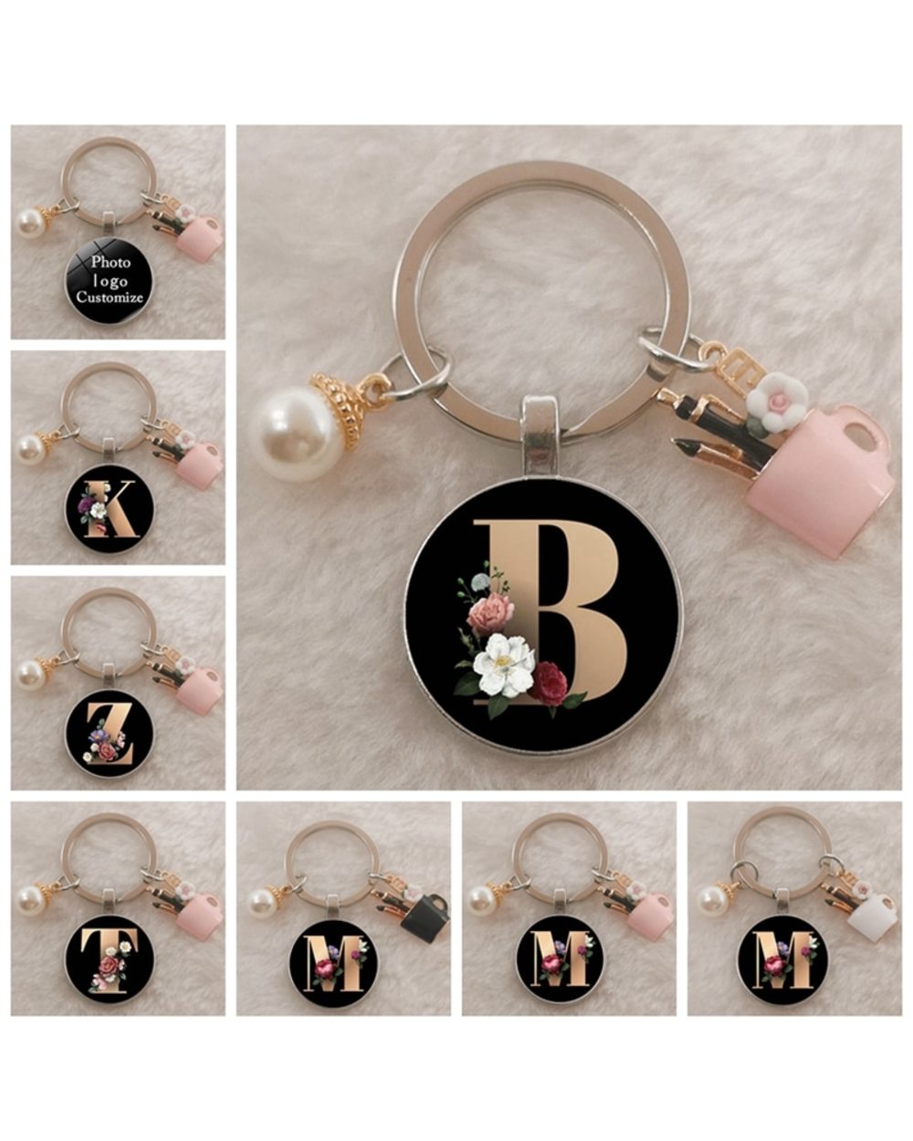 DIY charm enamel pen holder teacher's day gift keychain, simple black A-Z letter pattern glass cabochon keychain front-0