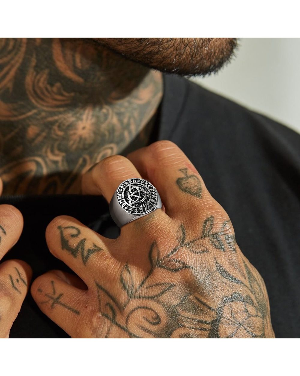 Celtic Triple Knot Rune Signet Ring Men Viking Jewelry front-0